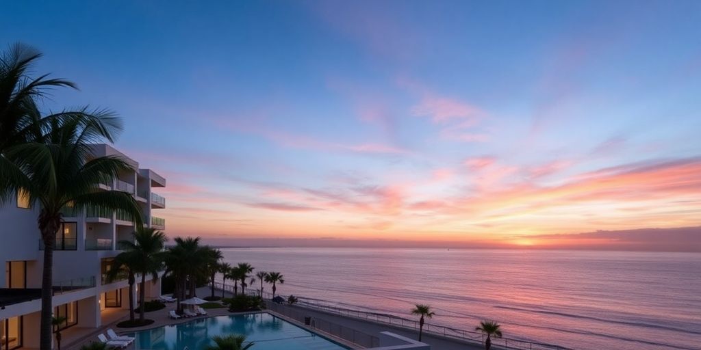 Moderno hotel frente a la playa con palmeras y atardecer.