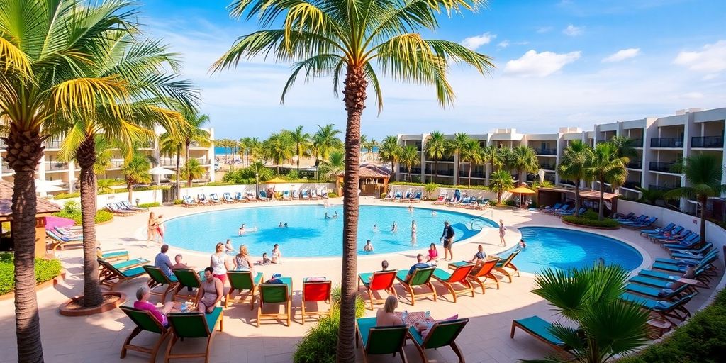 Familia disfrutando de la piscina en un hotel de Cabo San Lucas.