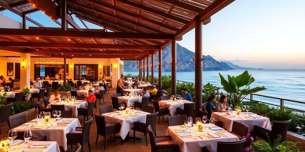 Comedor al aire libre en The Cape Los Cabos con vista al océano.