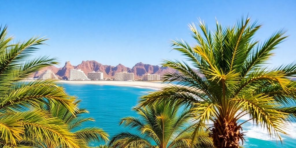 Vista al océano con playa de arena y palmeras.