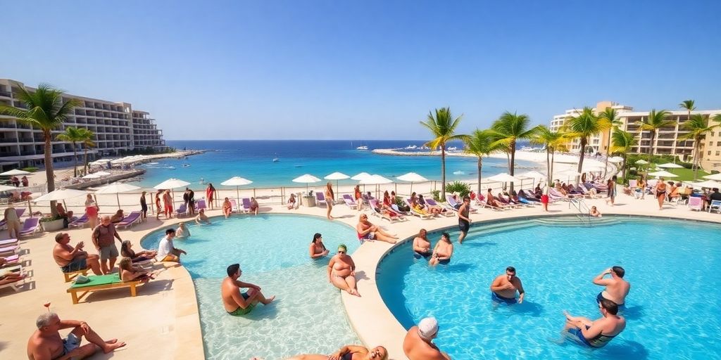 Hermosa playa con resorts y palmeras en Los Cabos.