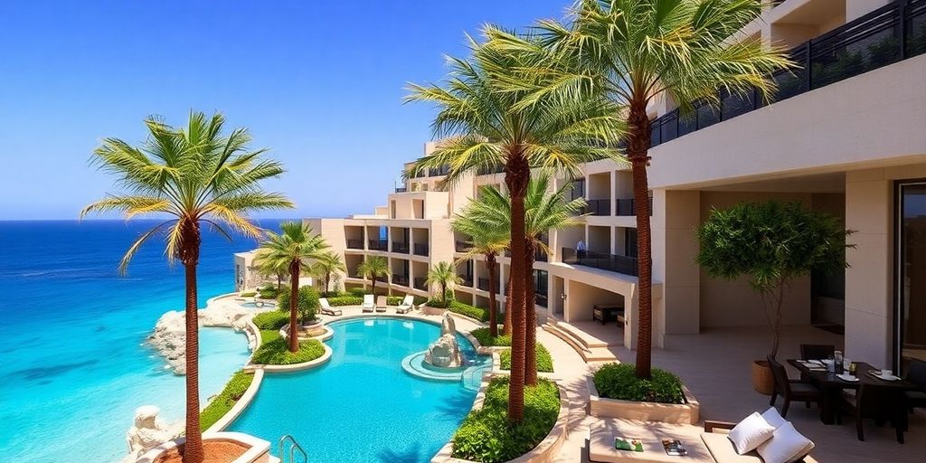 Luxury hotel with ocean view and palm trees.