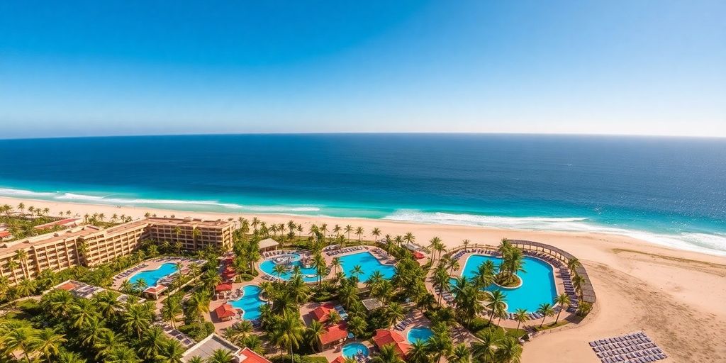 Vista aérea del Secrets Los Cabos Resort con piscinas y playa.