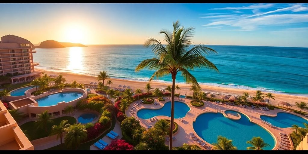 Vista escénica del Secrets Los Cabos Resort con playa.