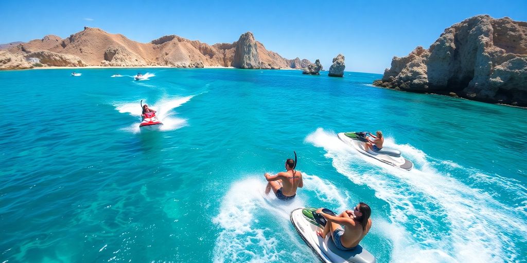 Turistas disfrutando de deportes acuáticos en las aguas turquesas de Cabo México.