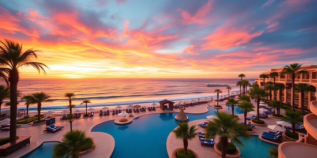Luxurious pools and palm trees at Breathless Resort Cabo.