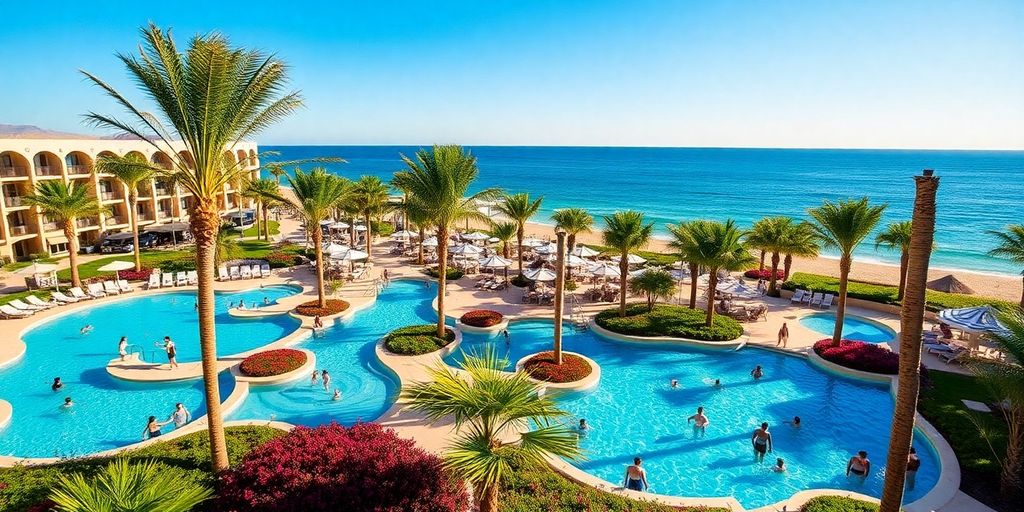 Luxurious pools and palm trees at Breathless Resort Cabo.