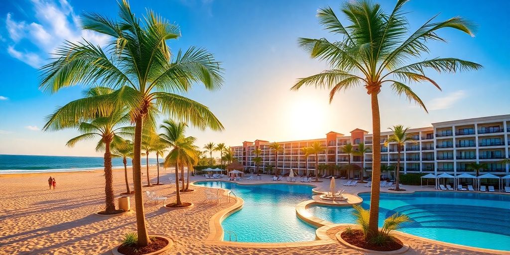Luxurious beachfront resort with palm trees and sandy beach.