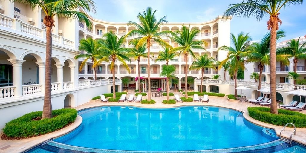 Luxurious Riu Resort in Cabo with pool and palm trees.