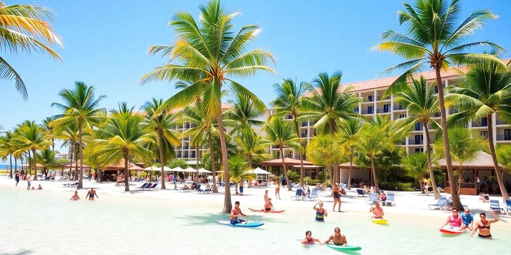 Riu Cabo beach with guests enjoying water activities.