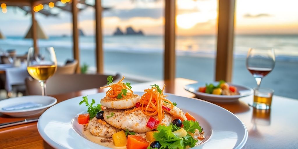 Gourmet seafood plate with beach sunset background.