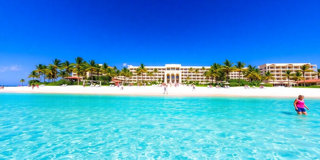 Vibrant beach scene at Riu Palace San Lucas resort.