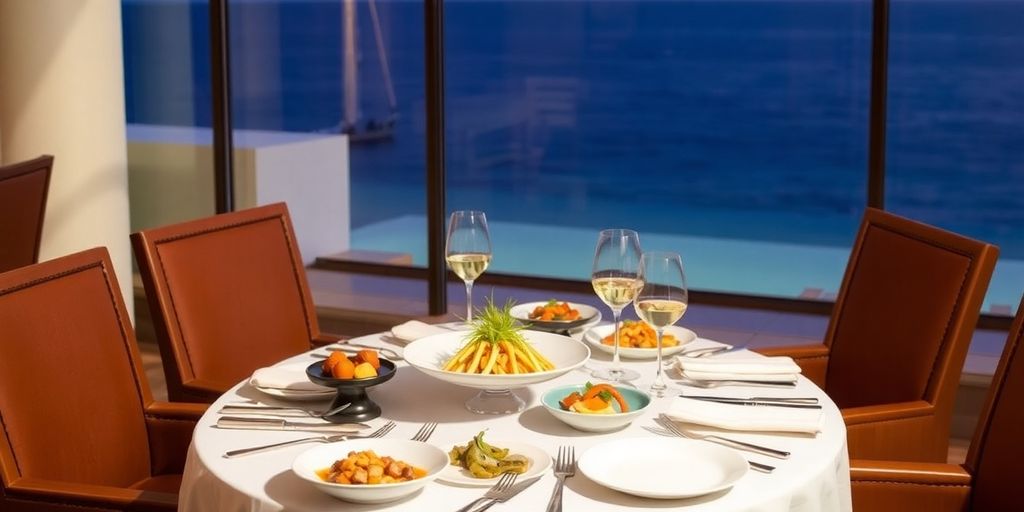 Mesa de comedor gourmet con platos exquisitos y vista al océano.