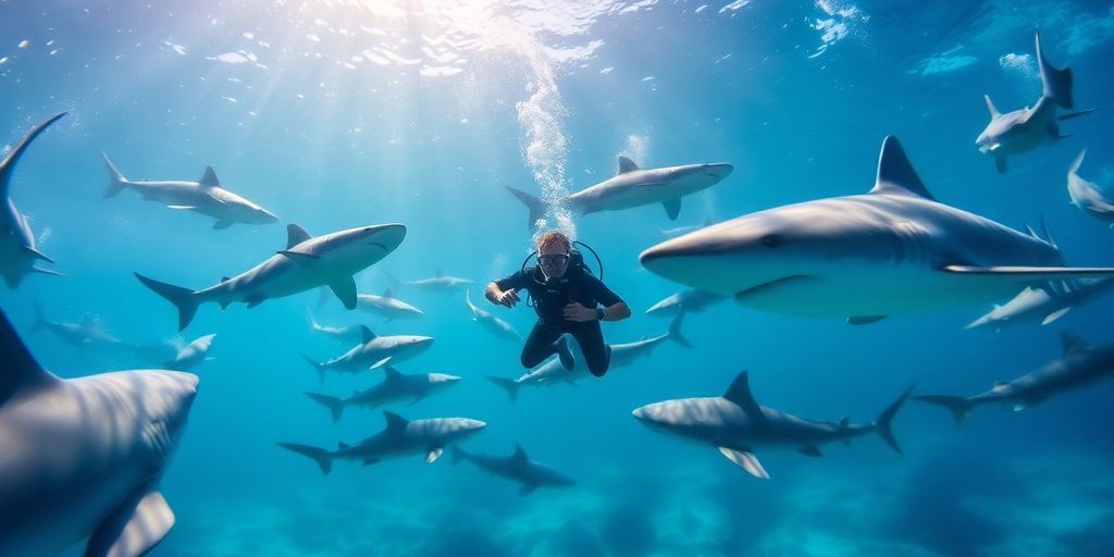 Diver swimming with sharks in Cabo's clear waters.