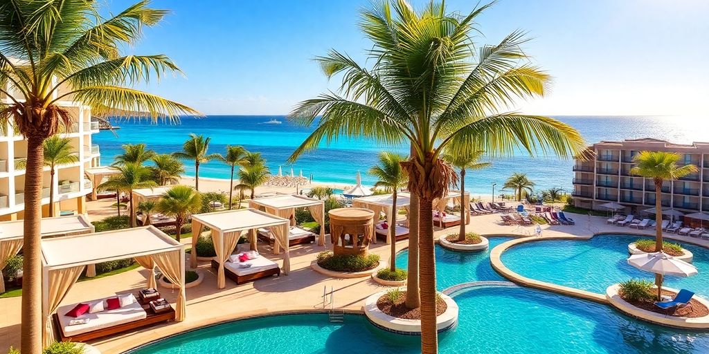 Luxurious resort view with palm trees and ocean.