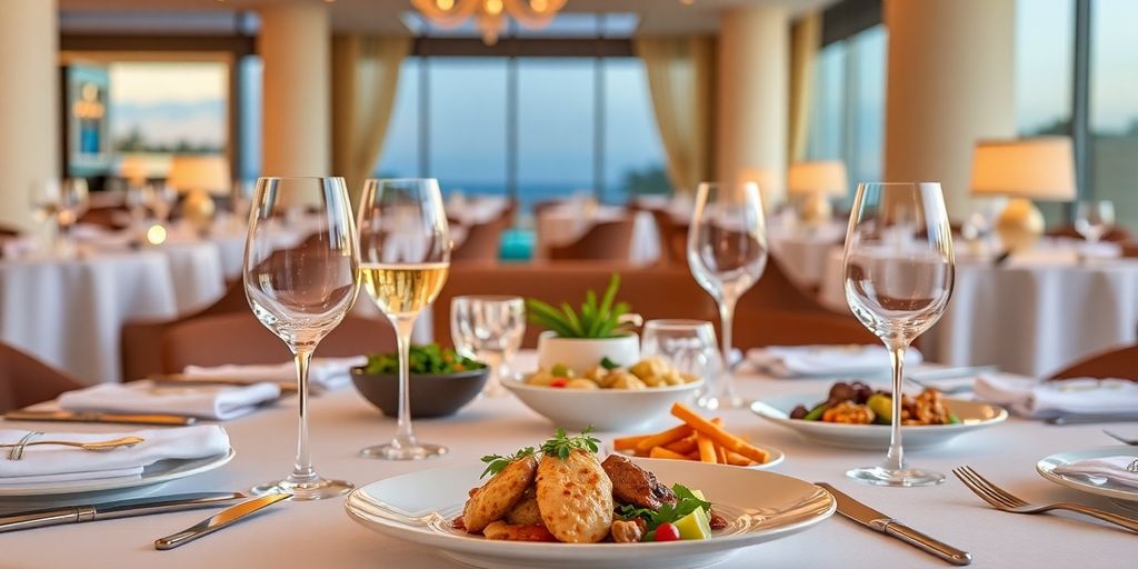 Configuración de cena elegante en el Hilton de Los Cabos.