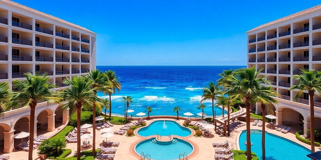 Lujoso Hilton de Los Cabos con piscina y vista al océano.