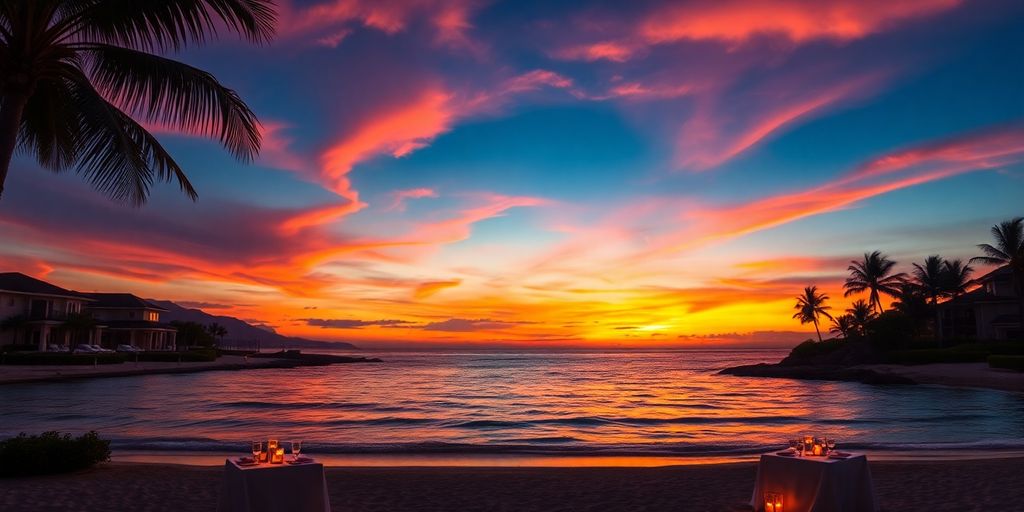 Atardecer sobre el océano con villas y una romántica configuración en la playa.