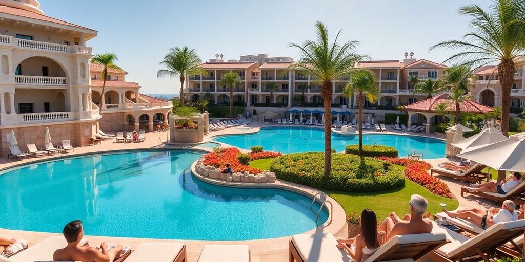 Resort de lujo en Los Cabos con elegantes piscinas y paisajes.