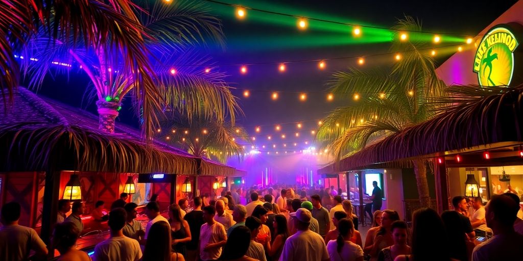 Vibrant Cabo San Lucas nightlife with colorful lights and crowds.