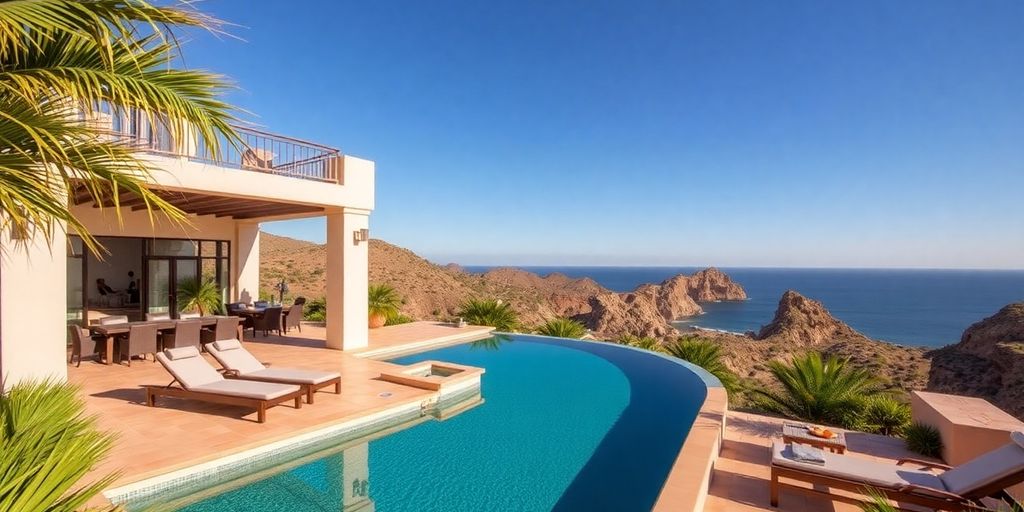 Luxurious outdoor villa with pool and ocean view.