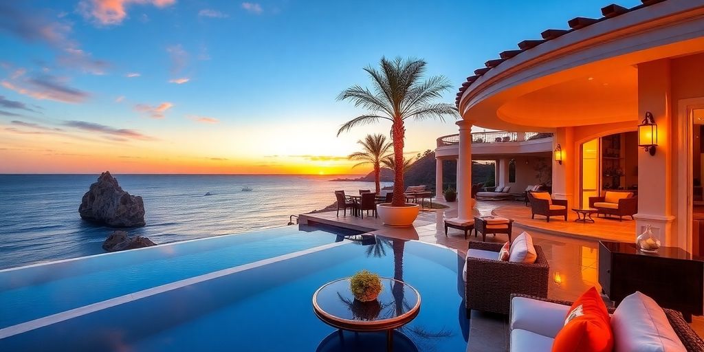 Luxurious Cabo villa with ocean view and sunset.