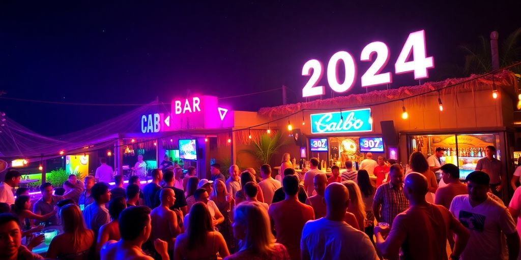 Cabo nightlife with colorful lights and dancing crowd.