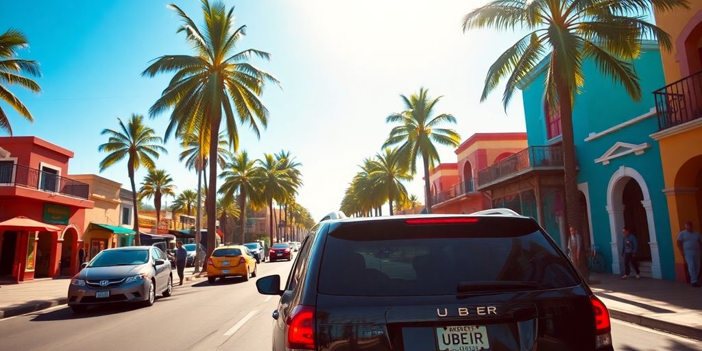 Uber vehicle in a lively Cabo street scene.