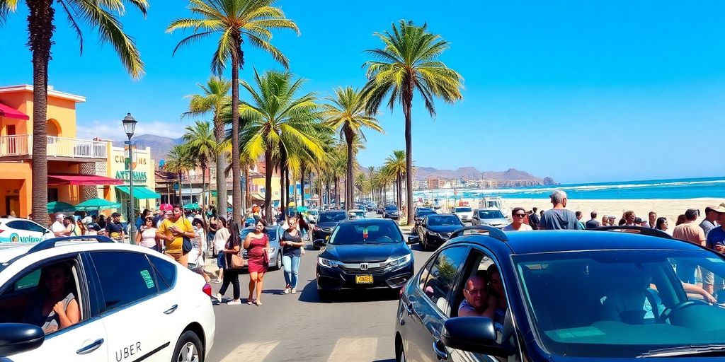 Busy Cabo street with Uber cars and tourists.