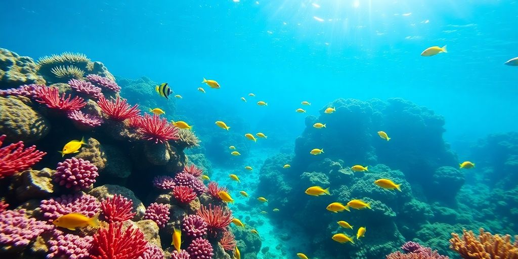 Underwater coral reef with tropical fish in Chileno Bay.