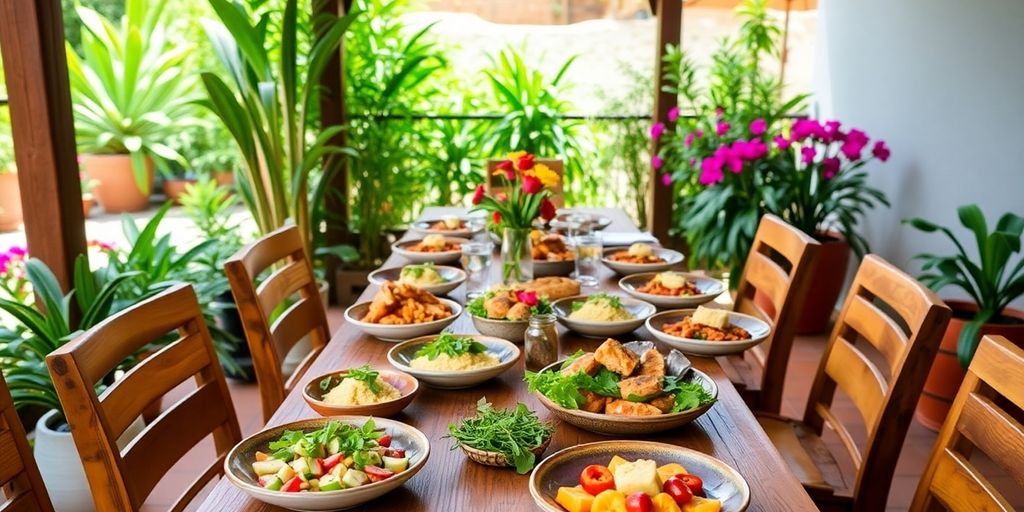 Colorful dining setup with fresh dishes at Flora Farms.