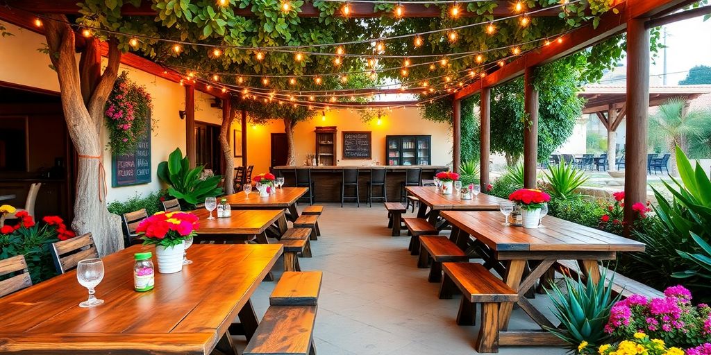 Outdoor dining space at Flora Farms with greenery.