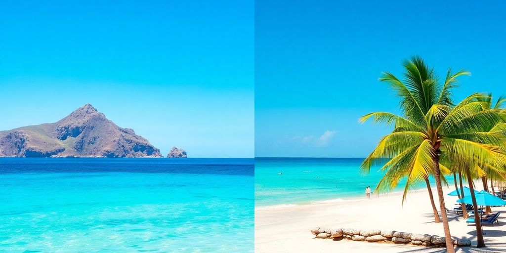 Cabo and Cancun beach comparison with clear skies and palm trees.