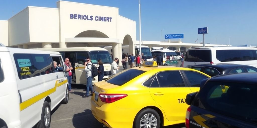 Travelers at Los Cabos airport waiting for transport.