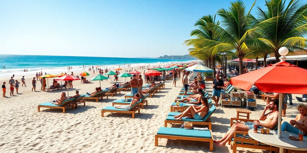 Vibrant beach club scene with loungers and palm trees.