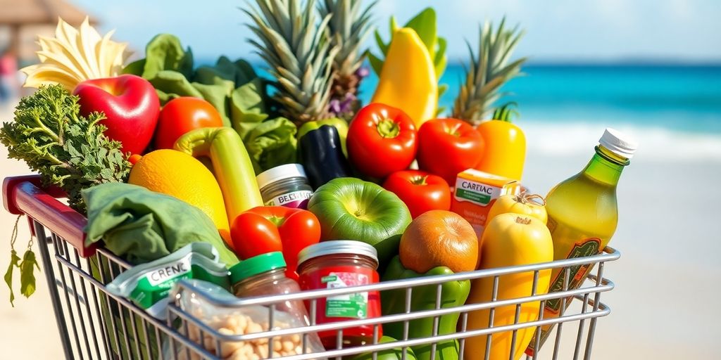 Colorful groceries in a cart on a Cabo beach.