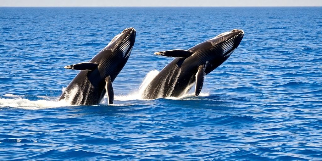 Humpback whales breaching in Cabo San Lucas ocean.