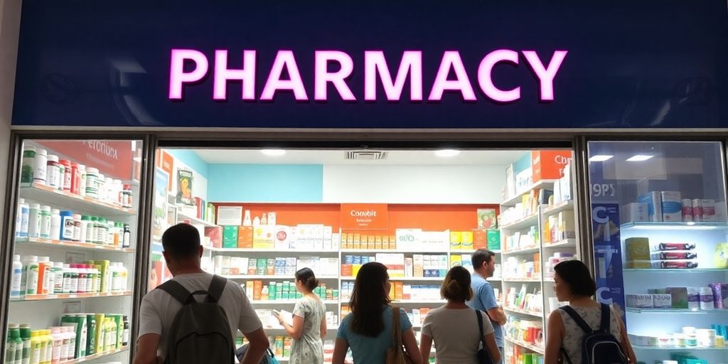 Pharmacy storefront in Cabo with tourists browsing products.