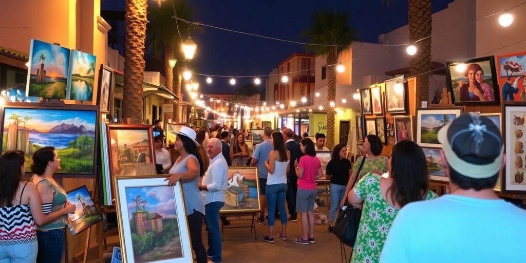 Artists displaying colorful artworks at San Jose del Cabo Art Walk.