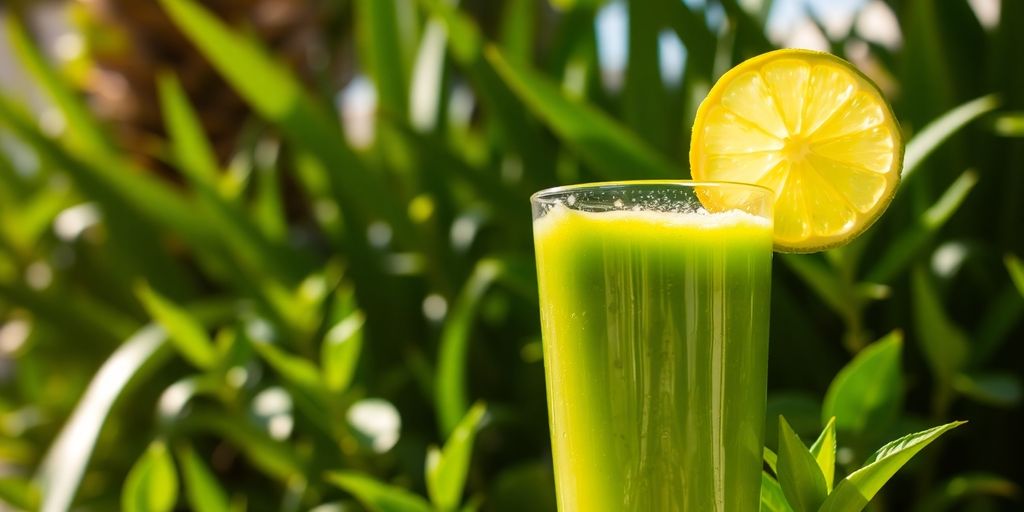Fresh green juice in a tropical setting.