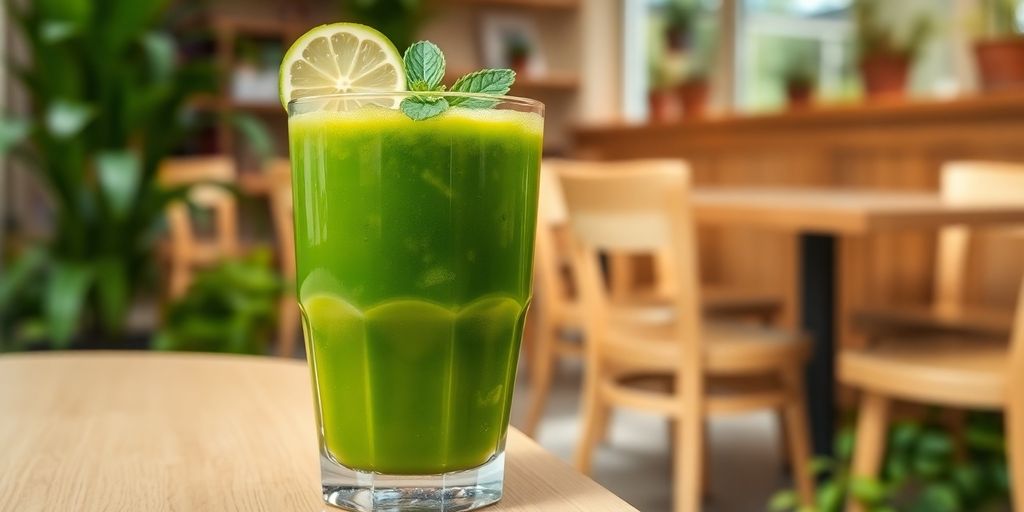 Fresh green juice in a glass with mint garnish.