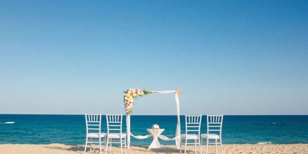 Cabo beach wedding setup with flowers and ocean view.