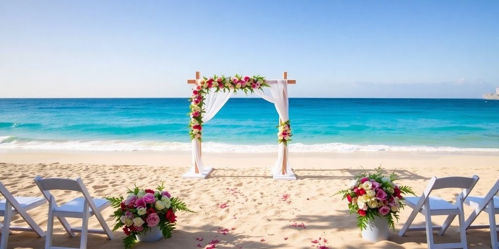 Cabo beach wedding arch with tropical flowers and ocean.