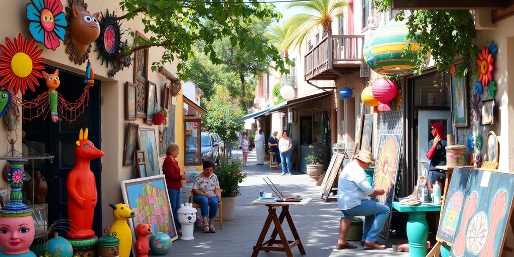 Colorful street art and sculptures in Todos Santos.