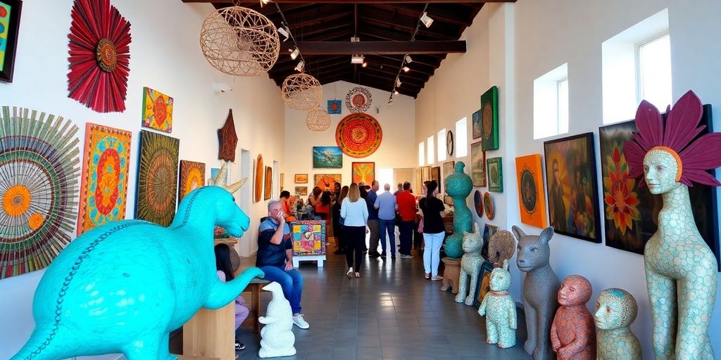 Colorful art gallery with diverse artworks in Todos Santos.