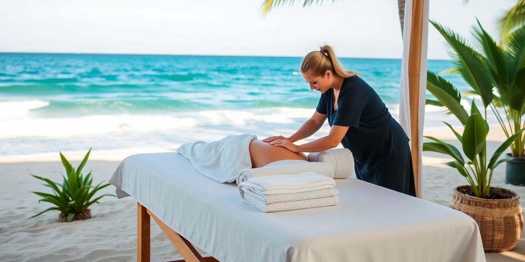 Massage therapist at work on a beach in Cabo.
