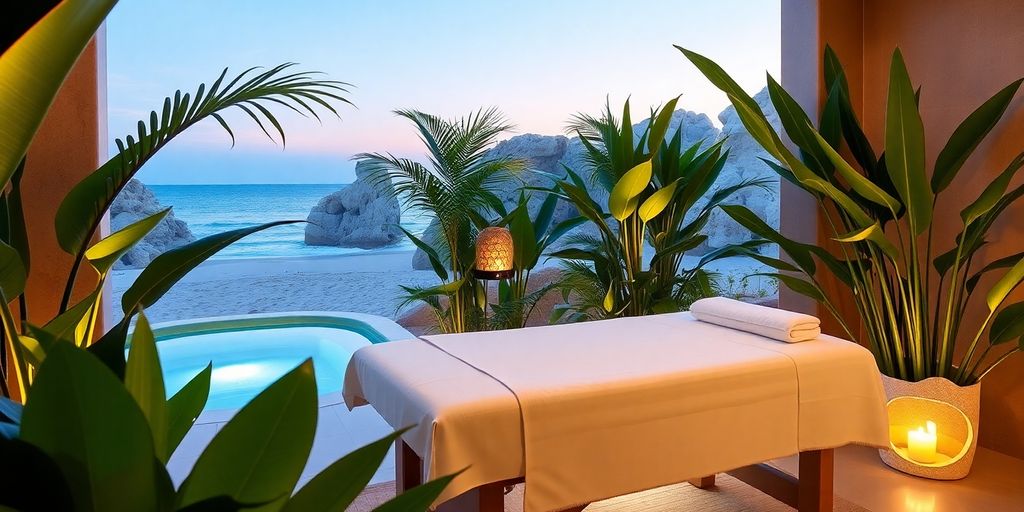 Massage table with tropical plants in Cabo San Lucas.