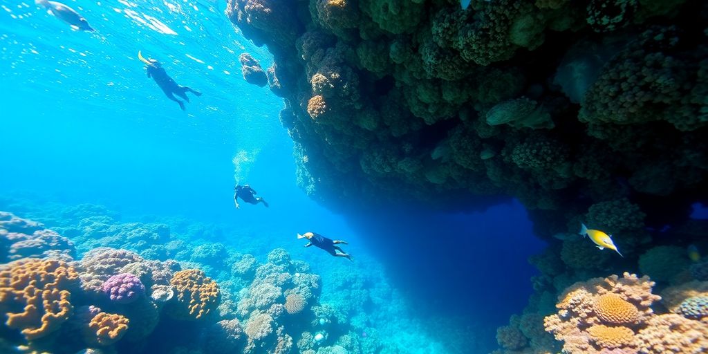 Snorkelers in clear water near vibrant coral reefs.