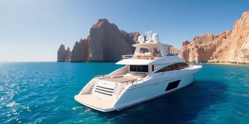 Luxury yacht in Cabo San Lucas' clear blue waters.