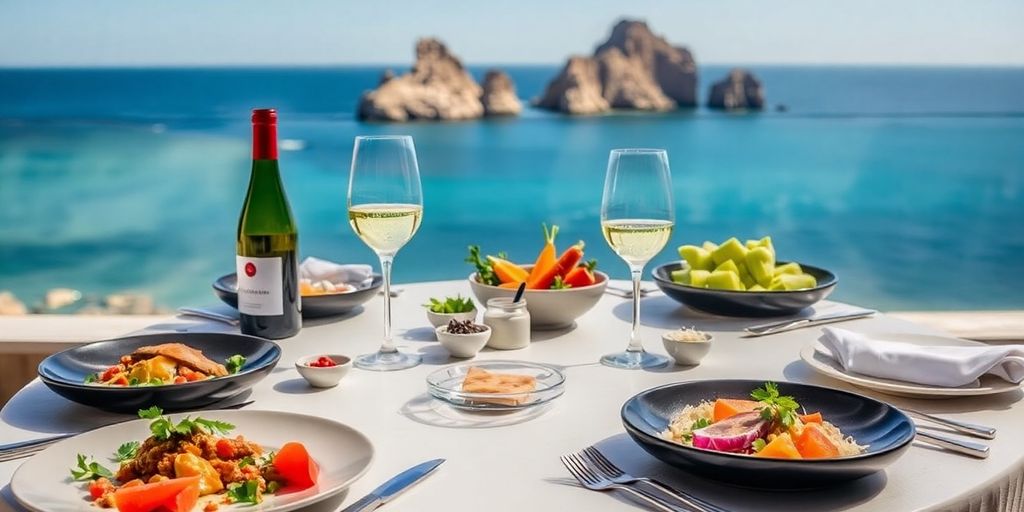 Elegant dining setup with gourmet food and ocean view.